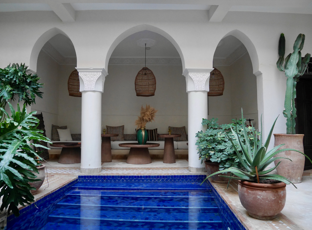 Marrakech, Morocco, 24.10.2021. Courtyard with pool and lounge area at a traditional riad